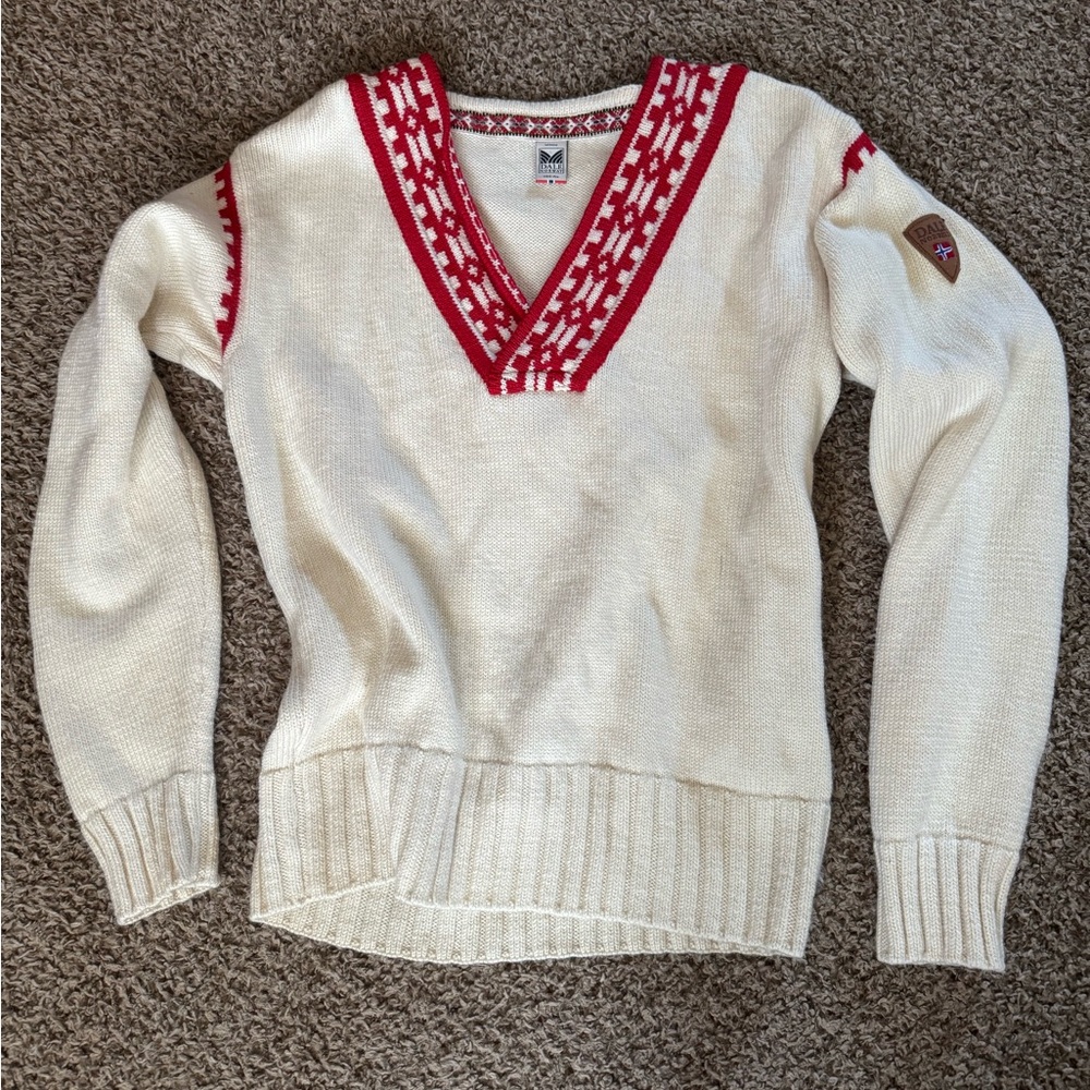 Dale of Norway Women's Cream and Red V-Neck Sweater